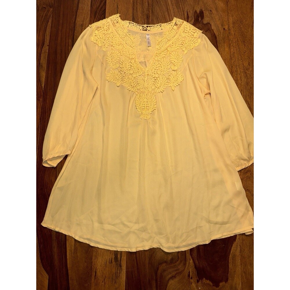 Boho Blouse Butter Yellow Loose Flowy Top Hippie Long sleeve Lace Peasant XXXL